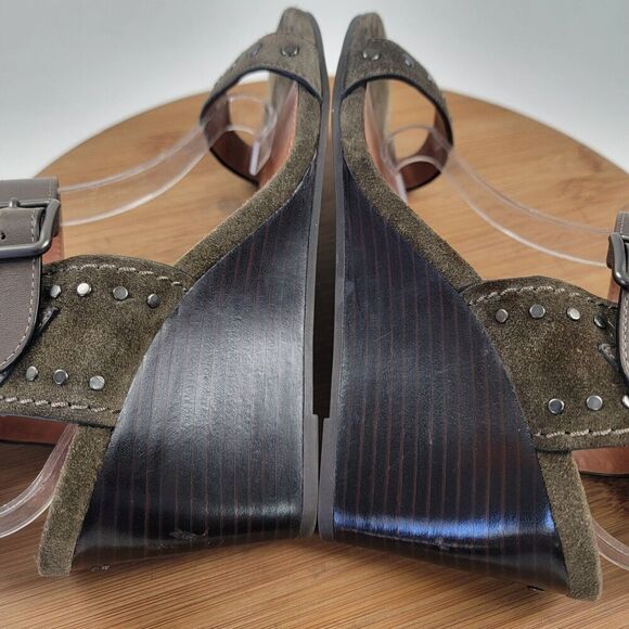 Coach Odessa Leather Suede Wedge 8.5 B Olive Green Buckle 2 Strap Heels‎ - Picture 10 of 16